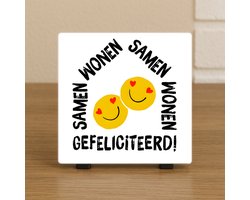 Cadeau Tegel 10,5x10,5 cm – “Samen Wonen Gefeliciteerd” – Hartjes Smiley Decoratie