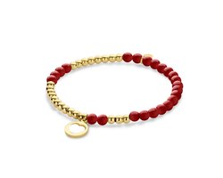Cadeau voor haar CO88 Collection 8CB-91270 Kralen Armband Staal en Rode Jade met Hangertje - Hartje - 10mm Doorsnee - 4 en 3,5mm - Rekbaar - 17,8cm - Goudkleurig;Rood