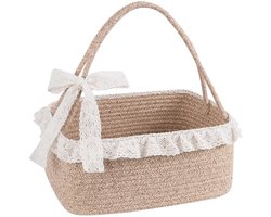 Cadeaumand met lange steel – een grote, geweven cadeaumand van katoenen touw, geschikt voor verjaardagsfeestjes, babyborrels, picknicks en zelfgemaakte huwelijksgeschenken-34.5*25.5*15cm，Linnen