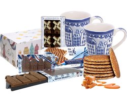 Cadeaupakket Blond Amsterdam - 2 mokken 350 ml - Delfts blond - thema grachtenpanden & molens - stroopwafels - Holland souvenir - Hollandse cadeautjes - bedankt juf