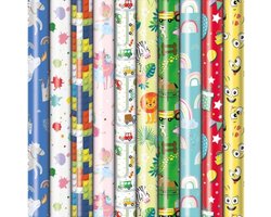 Cadeaupapier - Kindermotief - Verschillende Dessins - 200 cm X 70 cm - Mix assortiment - Vele Kleuren - Inpakpapier - 5 rollen