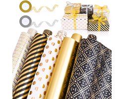Cadeaupapier zwart goud, 5 rollen cadeaupapier cadeau (43 cm x 300 cm) met lint goud plakband voor groot festival, kinderverjaardag, bruiloft, babyfeest