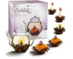 Cadeauset bloementhee met glazen theepot, zwarte thee (6 theerozen/3 soorten)