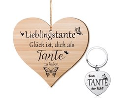 Cadeauset voor de Beste Tante met Houten Bord, Organza Zak en Hartvormige Sleutelhanger voor Verjaardag, Kerst en Dankzegging