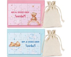 Cadeauset voor getuigen met 2 puzzelkaarten in roze en blauw, inclusief enveloppen en canvas zakken, ideaal als verrassing bij zwangerschap, geboorte of doop