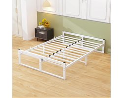 Cadre de Lit Bed 160 x 200 cm - Met Lattenbodem - Stalen Bedframe met Ondersteuning - Opbergmogelijkheden - Tweepersoonsbed zonder Boxspring