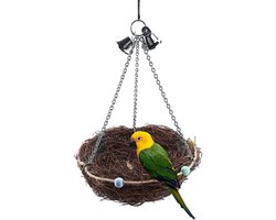 Cage Toys, vogelnest van natuurlijk rotan met 2 metalen belletjes voor papegaaien, cockatiel, cockatoo, bijten, kauwen, schommel, staand speelgoed (27 x 20 cm)