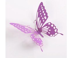 Cake topper decoratie vlinders en muur decoratie met plakkers 12 stuks paars - 3D vlinders - VL-04