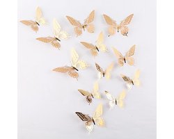 Cake topper decoratie vlinders of muur decoratie met plakkers 12 stuks goud - 3D vlinders - VL-04