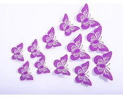 Cake topper decoratie vlinders of muur decoratie met plakkers 12 stuks paars - 3D vlinders - VL-01