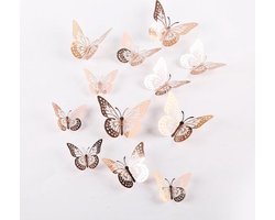 Cake topper decoratie vlinders of muur decoratie met plakkers 12 stuks rosé - 3D vlinders - VL-01
