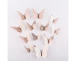 Cake topper decoratie vlinders of muur decoratie met plakkers 12 stuks rosé - 3D vlinders - VL-02