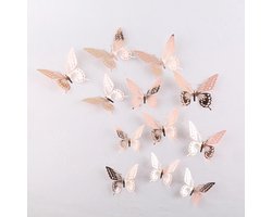 Cake topper decoratie vlinders of muur decoratie met plakkers 12 stuks rosé - 3D vlinders - VL-04