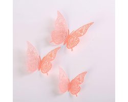 Cake topper decoratie vlinders of muur decoratie met plakkers 12 stuks roze - 3D vlinders - VL-02