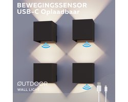Calex Oplaadbare Wandlamp Kubus - 4 Stuks - Up & Down Tuinverlichting - Modern Design - Warm Wit Licht - Voor Binnen en Buiten - Waterdicht - Eenvoudige Installatie - Draadloos - USB-C Oplaadbaar - Bewegingssensor - Zwart