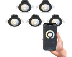 Calex Slimme Inbouwspots - Set van 5 stuks - Smart LED Downlight Dimbaar - Kantelbaar - Warm Wit Licht - Zwart