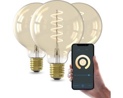 Calex Slimme LED Lamp - Set van 3 stuks - E27 - Spiraal Filament Gold G95 - Wifi Verlichting - Globe 9cm - Smart Lichtbron Goud - 7W Dimbaar Warm Wit licht