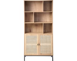 CALICOSY - Boekenkast met 6 dozen en 2 deuren in natuurlijk rotan 80x35x175cm