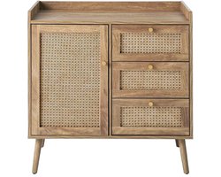 CALICOSY - Commode met 1 deur en 3 lades, rotan fronten en houten poten, L80 cm - PALMO