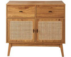 CALICOSY - Commode met 2 deuren met rotan fronten, 2 lades en houten poten L90 cm