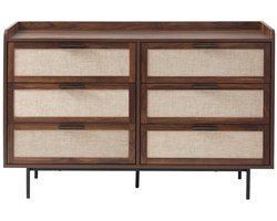 CALICOSY - Commode met notenhouten decor, 6 lades, fronten van echt leer, L120 cm - JETSON