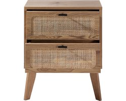 CALICOSY - Nachtkastje met 2 lades, rotan fronten en decoratieve houten poten L45 cm - ALIA