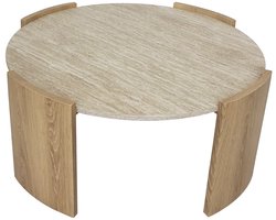 CALICOSY - Ronde salontafel met blad in travertinlook en poten in houtlook Ø80 cm - IZIA