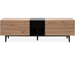 CALICOSY - TV-meubel met 2 opklapbare deuren en 2 open vakken, decor in eikenhout en zwart, L160 cm - LYDEN