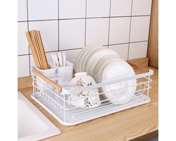 CALIYO Afdruiprek - Afwasrek met Lekbak en Bestekhouder - 304 RVS - Bestekhouder - Afdruiprek voor afwas - Vaatwasrek - Keukenrek - Wit