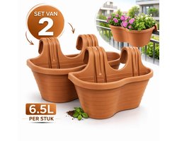 CAMELLIA Dubbele Hangende Bloempot – 6.5L – Set van 2 – Balkon Plantenbak – Terracotta – Voor Railing – 33 x 37 x 25 cm