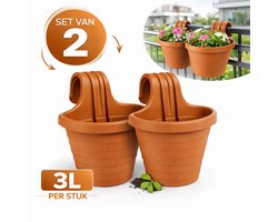 CAMELLIA Hangende Bloempot – Set van 2 – 3 Liter – Balkon Plantenbak – Terracotta – Voor Railing – 28 x 20 x 24,5 cm