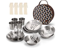 Camping Bestek Set RVS met Koffer - Servies Set met Mes, Vork, Lepel, Bord en Mok - Outdoor Bestek voor Reizen, Wandelen en Camping