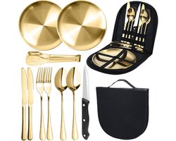 Camping Bestek Set voor 2 Personen - Draagbare Servies Set voor Wandelen en Picknicken, Goud Food-Grade Roestvrij Staal