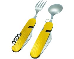 Camping Bestek Zakmes | Roestvrijstaal Survival Bestek | Mes, Vork, Lepel, Krukentrekker, Bieropener, Spork | Opvouwbaar Kampeer Bestek Multitool | Cadeau voor man & vrouw