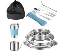 Camping Bestekset - 12 Stuks Roestvrijstalen Bestek met Borden - Kom - Beker - Vork - Lepel en Bestekzak - Opbergzak - Roestvrijstalen Servies Set voor Kamperen - Buiten - Wandelen - Picknicks