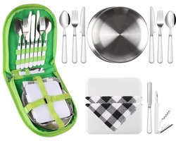 Camping bestekset, 13-delig reisbestek met vorken, ontbijtmes, lepel, mes, flesopener, borden en ideaal voor outdoor serviesset reizen, wandelen en kamperen, perfect voor 2 personen