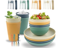 Camping borden en kommen Set, Diner Set voor 4, Plastic borden en Kommen Set, Picknick borden, Kommen, Kopjes, Vorken, Outdoor Dining Servies, Camping Bestek, Plastic Picknick Set