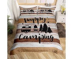 Camping Dekbedovertrek Set voor Kinderen - Vintage Hout en Natuurmotieven - Ultra Zachte Microfiber Beddengoed voor Jongens en Meisjes