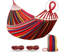 Camping hangmat van canvas - Draagvermogen tot ca. 200 kg - Met anti-rol spreidstokken en metalen bevestigingsriemen - Geschikt voor reizen, strand en tuin
