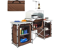 Camping Keukentafel, Opvouwbaar Outdoor Kookstation met Opbergtas, Aluminium Tafel met 3 Kastjes En Verwijderbaar Windscherm, Snel Op Te Zetten voor Picknicks, Barbecues, Bruin