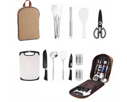 Camping Kookset 11-delig – RVS – Lichtgewicht & Draagbaar – Inclusief Mes, Snijplank & Bestek – Outdoor Keukenset