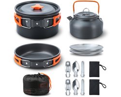 Camping Kookset 16-delig – Outdoor Kookgerei met Pan, Koekenpan & Waterketel – Nestbaar & Lichtgewicht – Geschikt voor 2–3 Personen – Oranje Handgrepen