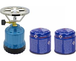 Camping kookstel - kunststof - blauw - incl. 2x gas navulling priktank - 190 gram