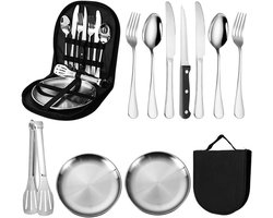 Camping servies set voor 2 personen - 10 stuks - Roestvrij staal - Picknick servies set met lepel - vork - mes - plank clip - Draagbare bestek set voor kamperen en buiten - Roysmart