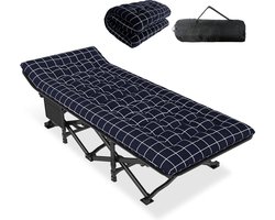 Campingbed Opklapbaar logeerbed tot 200 kg voor, opklapbed met zijvak, draagbare campingligstoel, buiten, tuin, kamperen, reizen, binnen