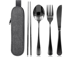 Campingbestek - Reisbestek Set - 5 stuks - met opbergtas - Eetgerei - Outdoor Camping Servies - voor outdoor, reizen, werk, school, reisgadgets, vaatwasbestendig - zwart