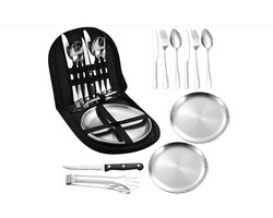 Campingbestekset, picknickserviesset voor 2 personen, 10 stuks, draagbaar, roestvrij staal, outdoor serviesset, picknicktas met lepel, draagbare bestekset voor camping, picknick