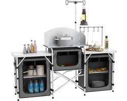 Campingkeuken - Kampeerkast - Opvouwbaar - Campingkast - Afsluitbare compartimenten - Stevige werkbladen - Incl. windscherm- Grijs
