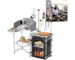 Campingkeuken Opvouwbaar - Outdoor Keukenkast - Kamperen Koken - Inclusief Windscherm - 146x46x141 cm - Zilver