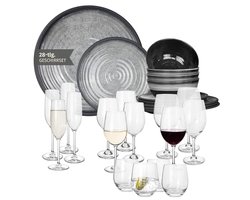 Campingservies set voor 4 personen met glazen - Stone Grey - ideaal voor picknick en BBQ